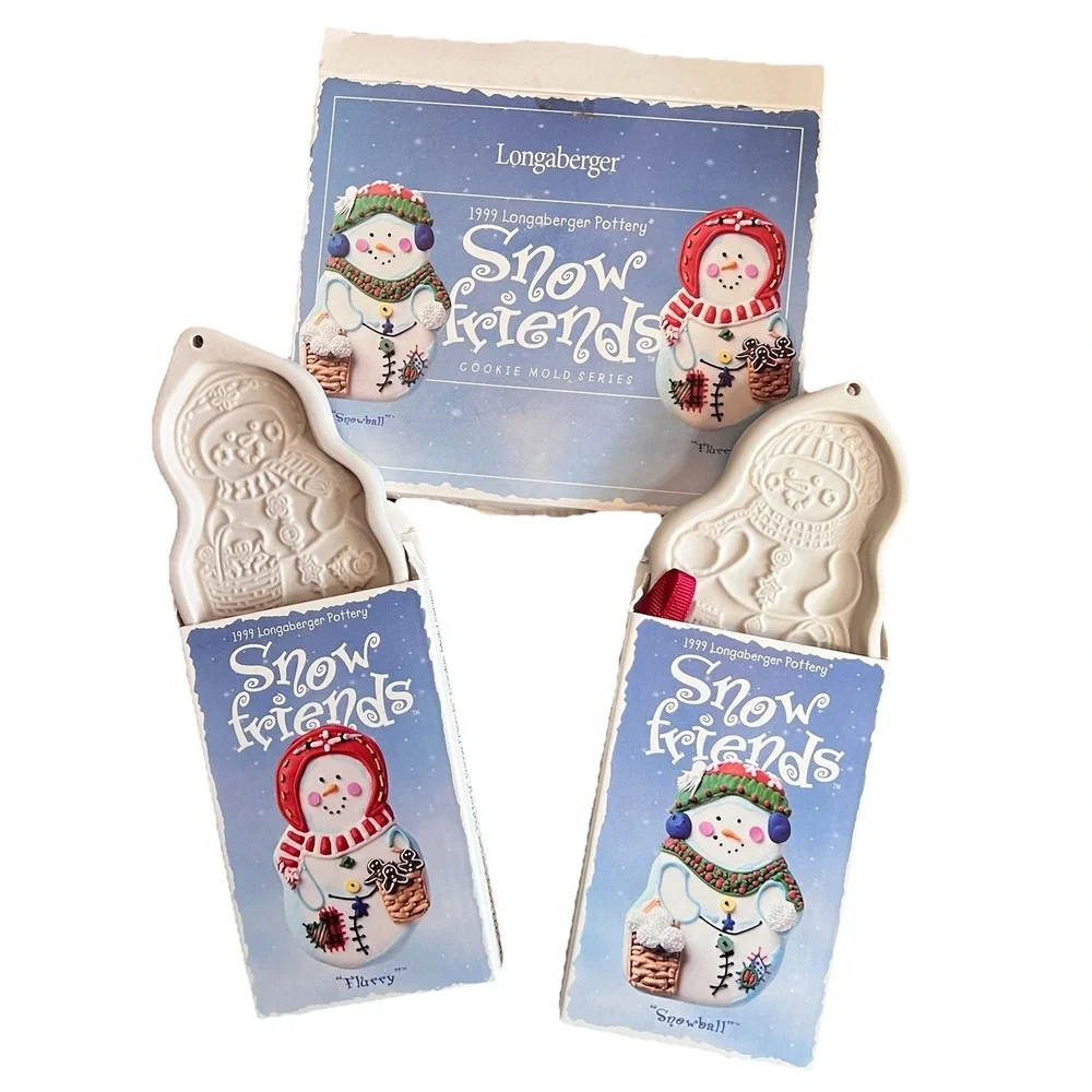 NEW Longaberger 1999‎ Pottery Snow Friends Cookie Molds ~ Snowball & Flurry